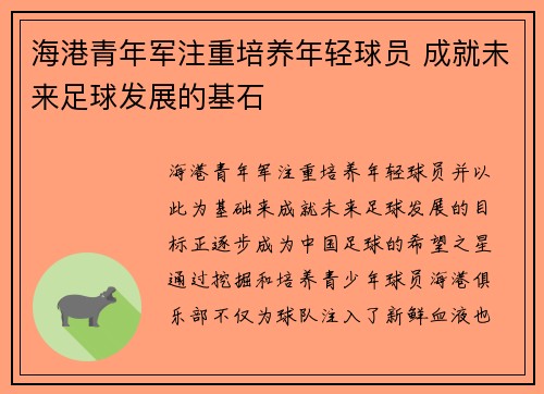 海港青年军注重培养年轻球员 成就未来足球发展的基石