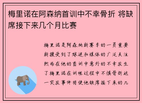 梅里诺在阿森纳首训中不幸骨折 将缺席接下来几个月比赛