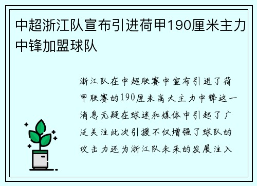 中超浙江队宣布引进荷甲190厘米主力中锋加盟球队